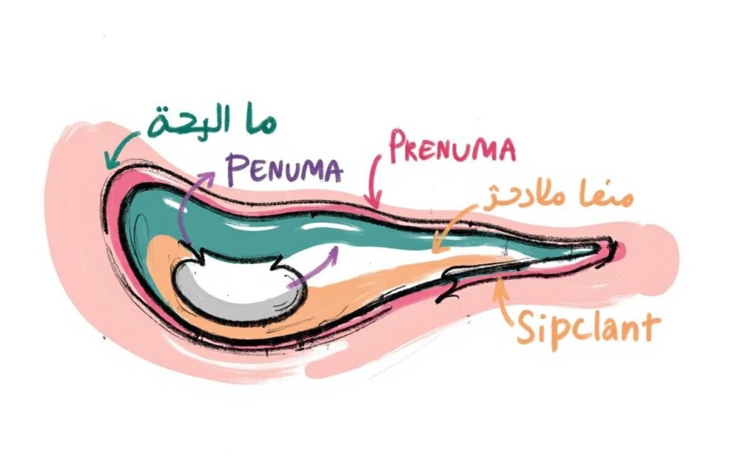 رسم توضيحي لجهاز Penuma المصنوع من السيليكون، موضحًا كيفية زراعته لزيادة محيط القضيب، كأحد أنواع عمليات تكبير القضيب.