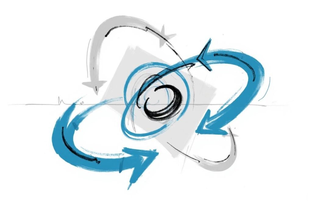 رسم توضيحي حديث يشرح فكرة تمارين الدوامة لتكبير القضيب من خلال أسهم دائرية مجردة، مما يوضح الحركة الميكانيكية المزعومة.