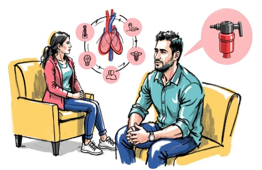 شاب مغربي يناقش أسباب ضعف الانتصاب، مع ظهور جهاز مضخة القضيب كحل ممكن ضمن سياق مضخات تكبير القضيب وعلاج ضعف الانتصاب.