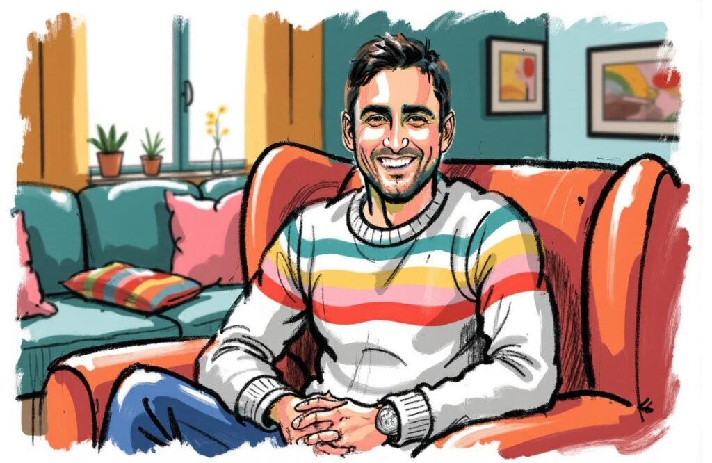 شاب مغربي وسيم يجلس في مقعد مريح، مستعدًا لتقديم حوار صريح وموثوق حول حقيقة تمارين الدوامة لتكبير القضيب.