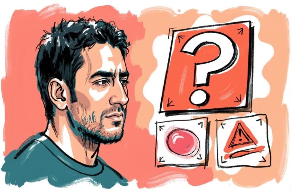 شاب مغربي يفهم مخاطر حمض الهيالورونيك المحتملة على الذكر، مع رموز للتحذير.