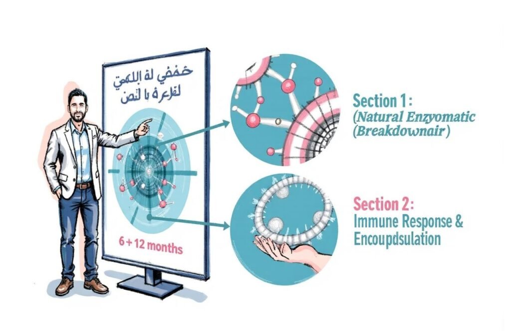 رسم توضيحي علمي يظهر فيه خبير طبي مغربي وهو يشرح ما يحدث بعد حقن حمض الهيالورونيك لتكبير الذكر، موضحًا عملية التحلل الطبيعي للمادة بواسطة الإنزيمات وتكوين الكبسولة الليفية حولها بمرور الوقت.