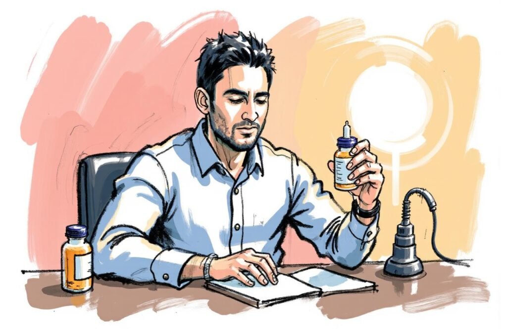 شاب مغربي يقرأ تحذيرًا طبيًا بجدية، مما يوضح أهمية معرفة موانع استخدام مضخات تكبير القضيب قبل التفكير في استعمال الجهاز لضمان السلامة.