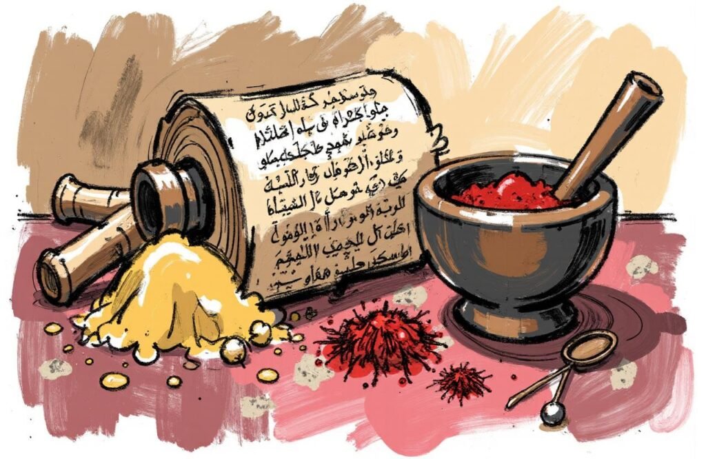 لقطة مقربة تعرض المكونات الطبيعية الأساسية لـوصفة تكبير الذكر للملك المظفر، مثل اللبان والمصطكى والسعد والزعفران، مرتبة على سطح خشبي.