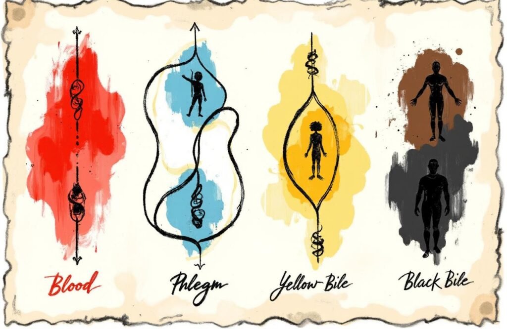 رسم توضيحي يمثل نظرية الأخلاط الأربعة، الأساس النظري في الطب القديم، والذي قد يفسر منطق وصفة ابن قيم الجوزية لتكبير القضيب.