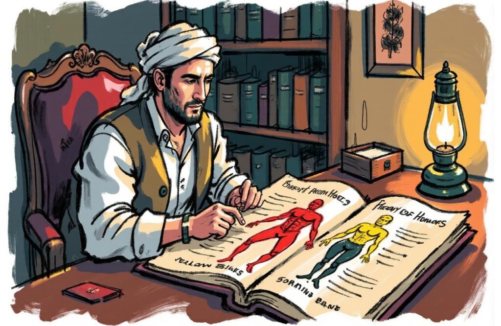 باحث مغربي يدرس مخطوطة طبية قديمة تشرح نظرية الأخلاط، وهي الأساس الفكري الذي بنيت عليه وصفة دهن الثعلب والبيض لتكبير القضيب.