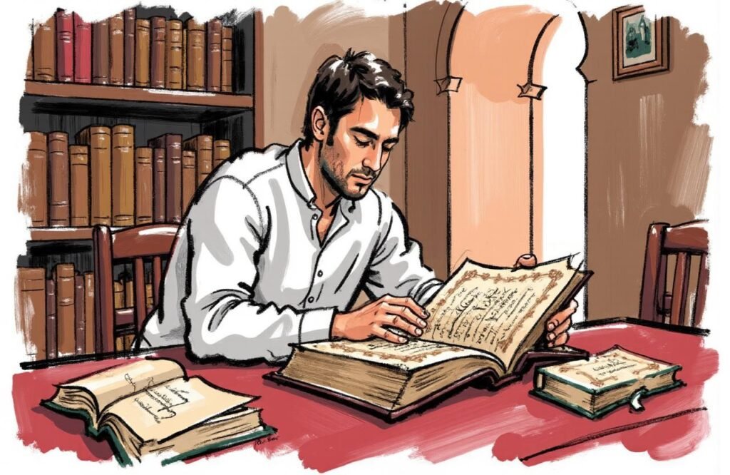 رجل مغربي يطالع باهتمام كتاب "الرحمة في الطب والحكمة" للإمام السيوطي، مستكشفًا أسرار وصفة الحلتيت والعسل لتكبير الذكر المذكورة في التراث القديم.