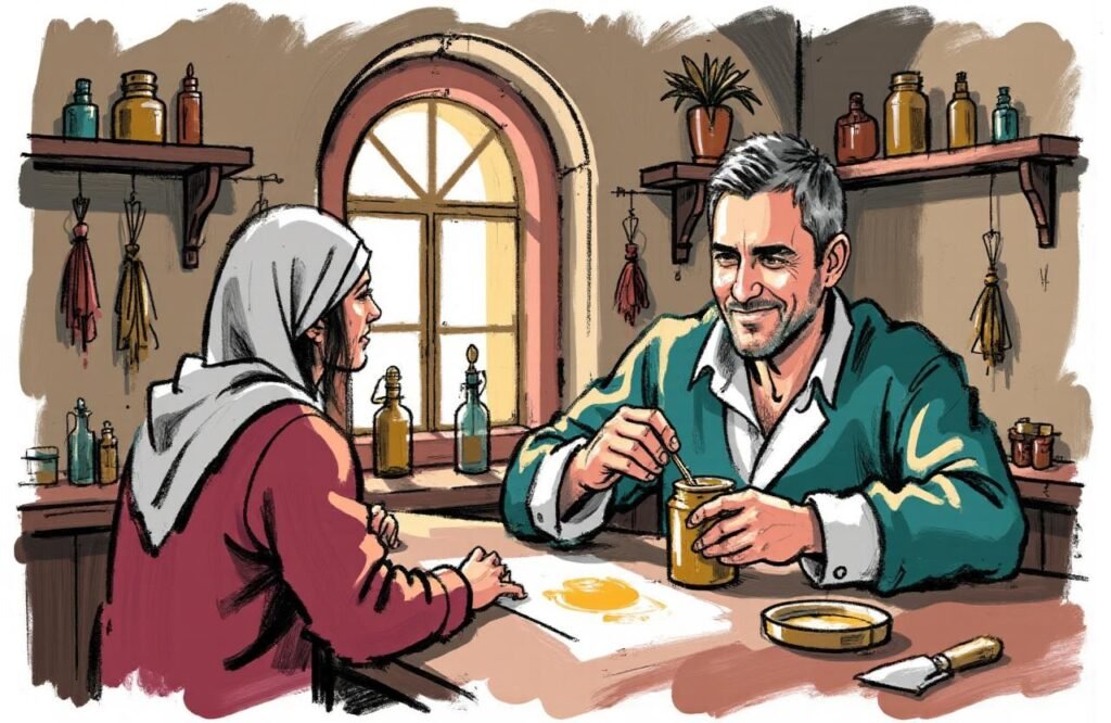 مشهد تاريخي يصور طبيباً أندلسياً حكيماً وهو يحضر وصفة ابن البيطار لتكبير القضيب أمام مريض يراقبه بأمل، مما يجسد التطبيق العملي للعلاج في الطب القديم.