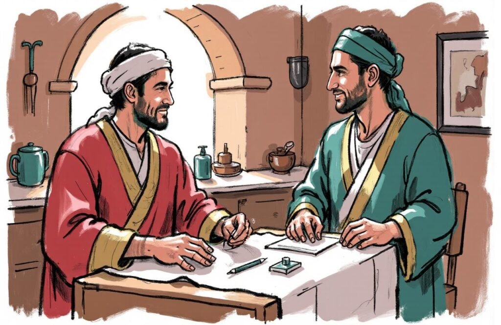 مشهد تاريخي يصور طبيبًا في عيادته وهو يشرح لمريض الطريقة العملية لتطبيق وصفة الرازي لتكبير القضيب. تعكس الصورة جو الثقة والرعاية بين الطبيب والمريض في الطب القديم.