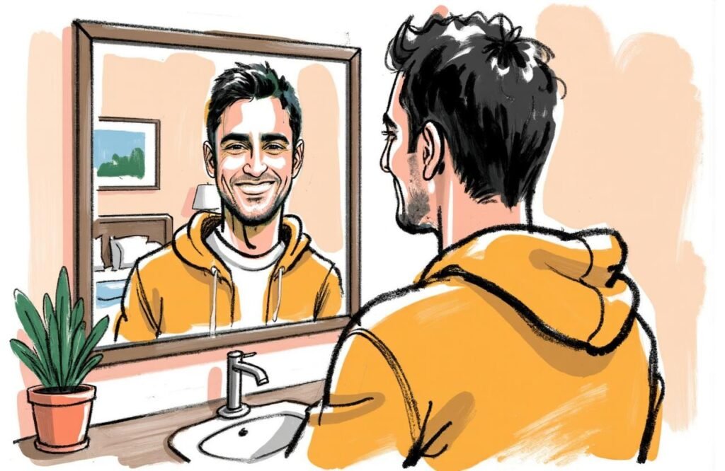 رجل مغربي وسيم ينظر بثقة ورضا إلى انعكاسه في المرآة، مما يوضح أن الثقة الحقيقية تأتي من قبول الذات وليس من نتائج تكبير القضيب بتمارين التدليك.