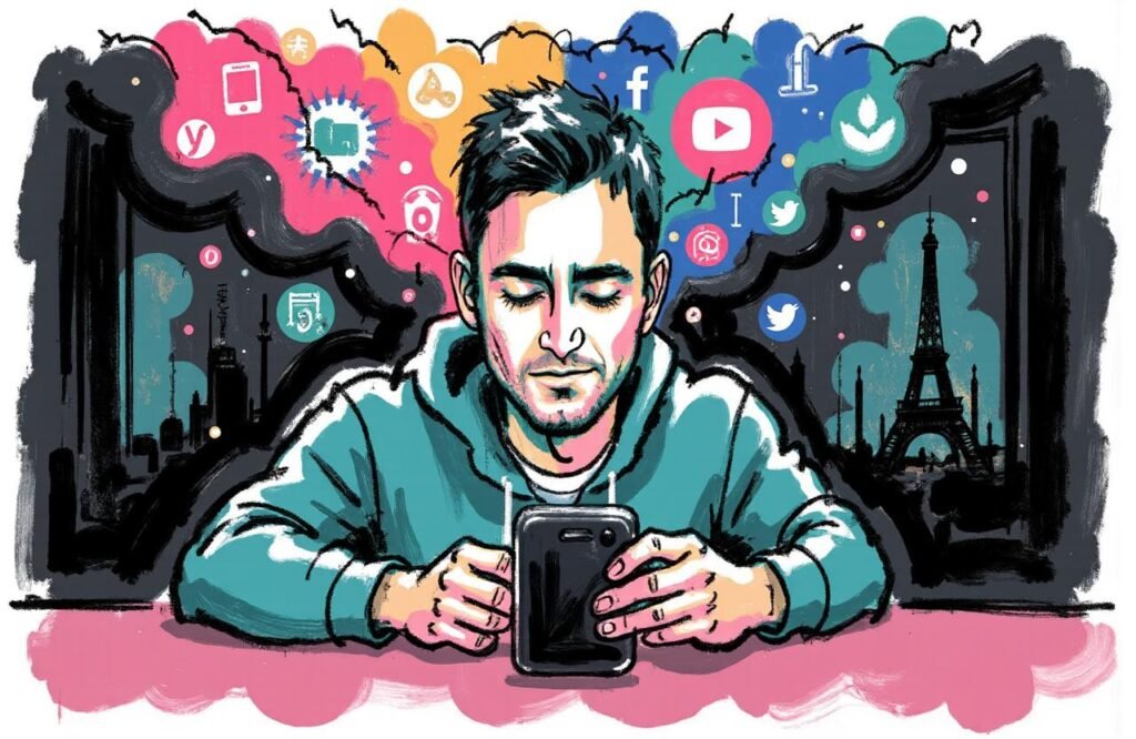 صورة مفاهيمية لشاب محاط بإعلانات رقمية مضللة لمنتجات تكبير القضيب، بينما يظهر في الخلفية صدى لوصفات قديمة مثل وصفة ابن البيطار لتكبير القضيب، مما يبرز الجدل المعاصر وأصداء الماضي.