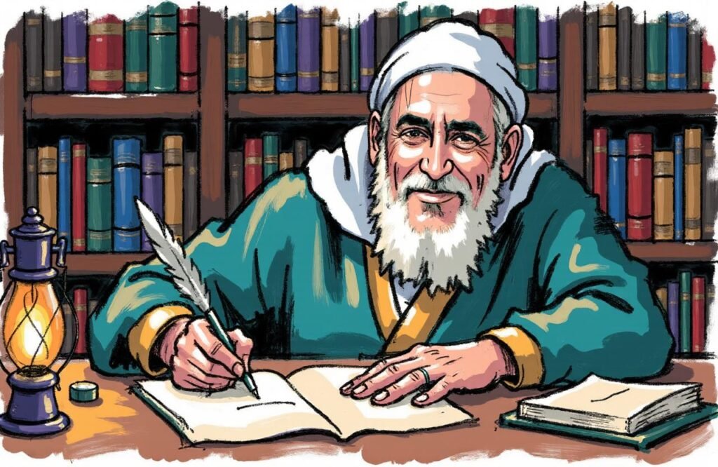 صورة تاريخية للطبيب محمد بن زكريا الرازي في مكتبته ببغداد وهو منهمك في الكتابة. تجسد الصورة العمق التاريخي والمعرفي وراء وصفة الرازي لتكبير القضيب التي وردت في كتبه.