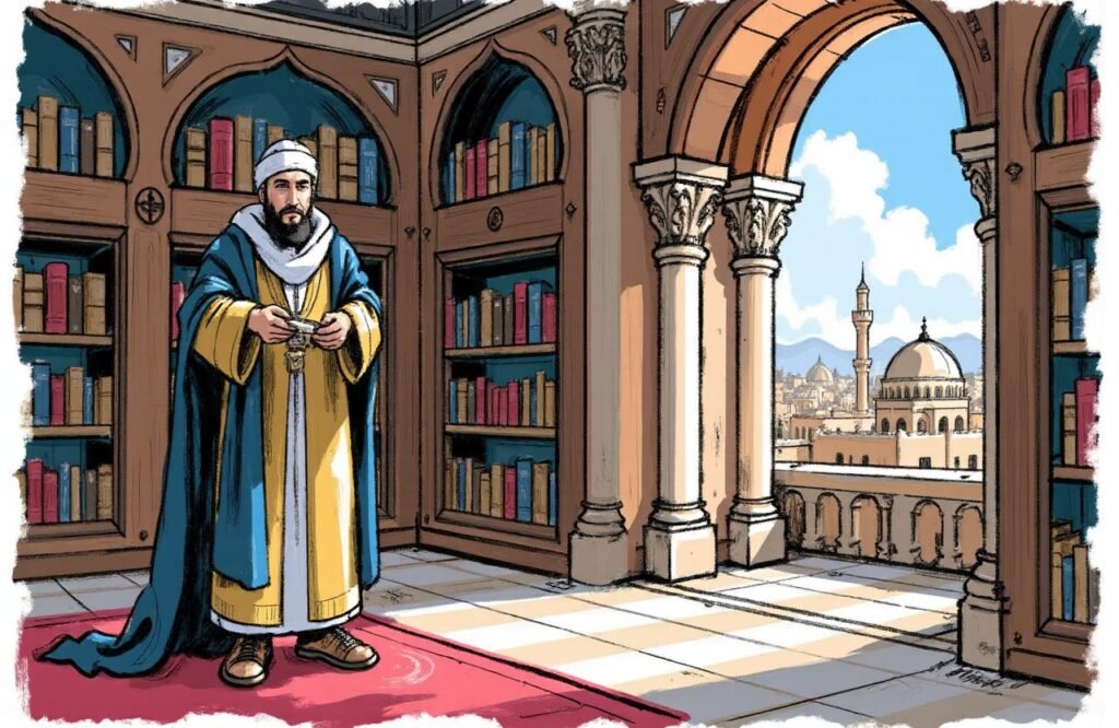 تصوير تاريخي للعالم علي بن العباس المجوسي، مؤلف الكتاب الذي يتضمن وصفة المجوسي لتكبير القضيب، في مكتبة ببغداد.
