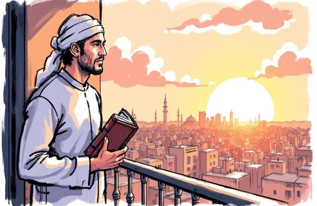 رجل مغربي يطل على المستقبل المشرق وهو يحمل كتابًا تراثيًا، في إشارة إلى استخلاص الدروس القيمة من وصفة الجوزاء والحلبة لتكبير القضيب والموازنة بين التراث والعلم.