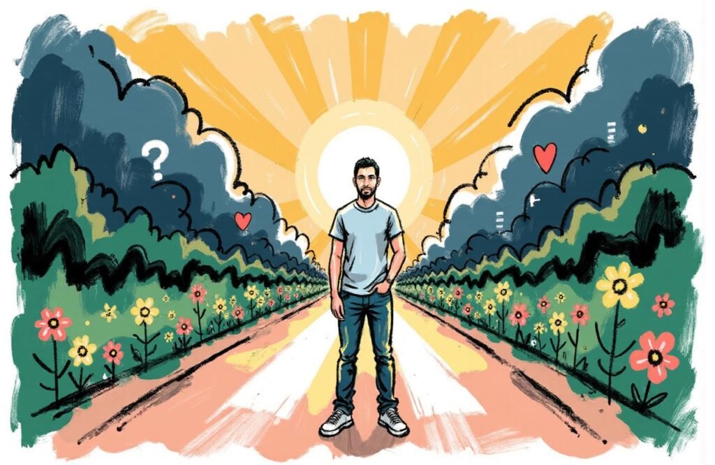 رجل مغربي يقف بثقة عند مفترق طرق، اختار الطريق المضيء الذي يمثل الحقائق المثبتة للصحة، بعيداً عن الادعاءات الوهمية.