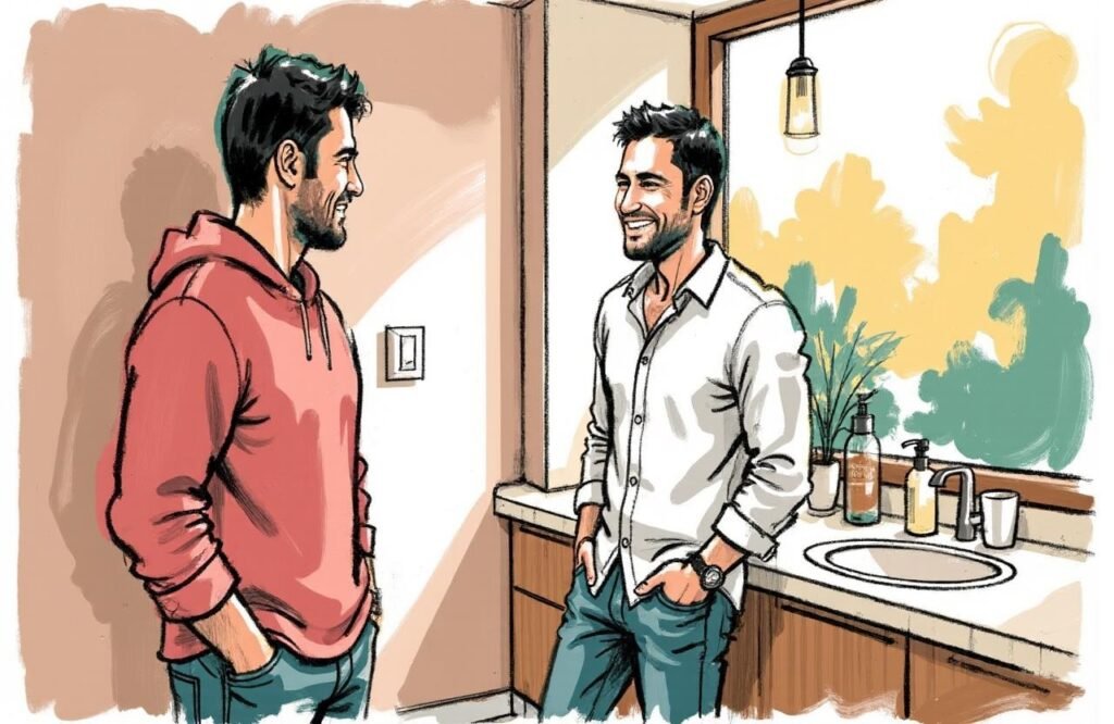 النص البديل: شاب مغربي ينظر لنفسه في المرآة بثقة وهدوء، مما يمثل الوصول إلى التصالح مع الذات كهدف أسمى يتجاوز السعي وراء نتائج تجارب مستخدمي مضخات تكبير القضيب.
