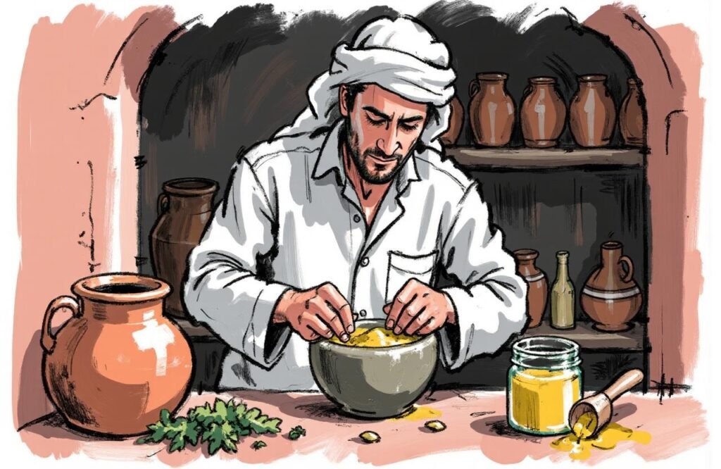رجل مغربي يتبع الخطوات التقليدية لتحضير وصفة الحلتيت والعسل لتكبير الذكر، حيث يمزج المكونات في وعاء حجري قديم.