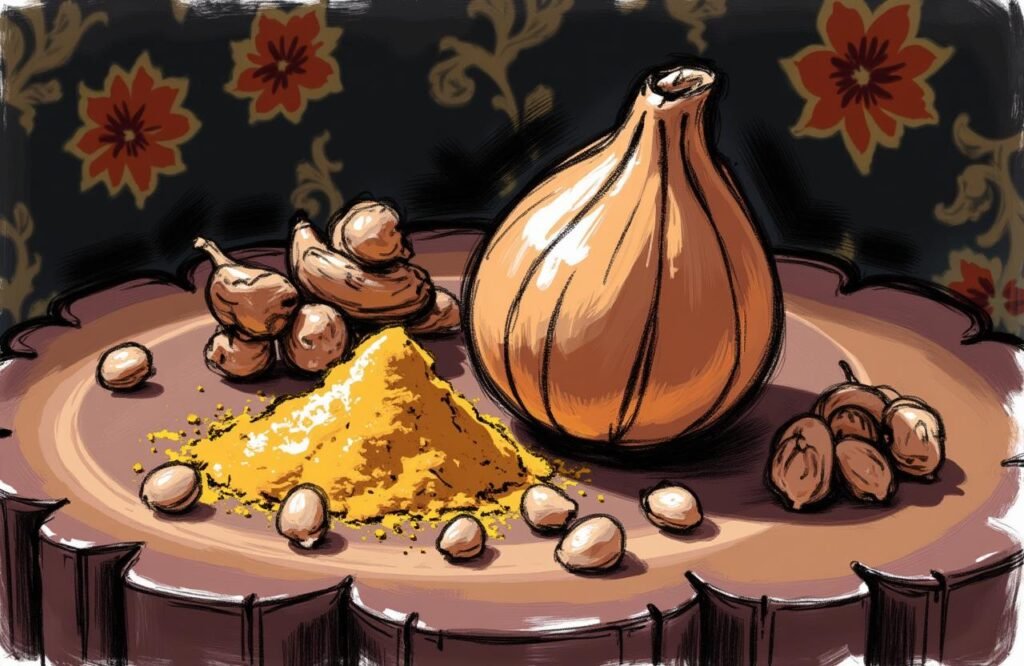 صورة فنية مقربة تظهر جوزة الطيب (الجوزاء) والحلبة، المكونات الأساسية في وصفة الجوزاء والحلبة لتكبير القضيب، وتبرز قيمتها التاريخية وخصائصها المتصورة.