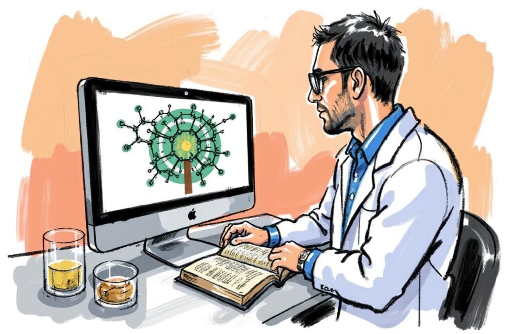 باحث حديث في مختبر متطور يدرس مكونات وصفة ابن البيطار لتكبير القضيب، حيث ينظر من كتاب تراثي قديم إلى شاشة حاسوب تعرض التركيب الجزيئي، مما يرمز إلى الدروس والعبر المستفادة واستلهام العلم الحديث من التراث الطبي القديم.