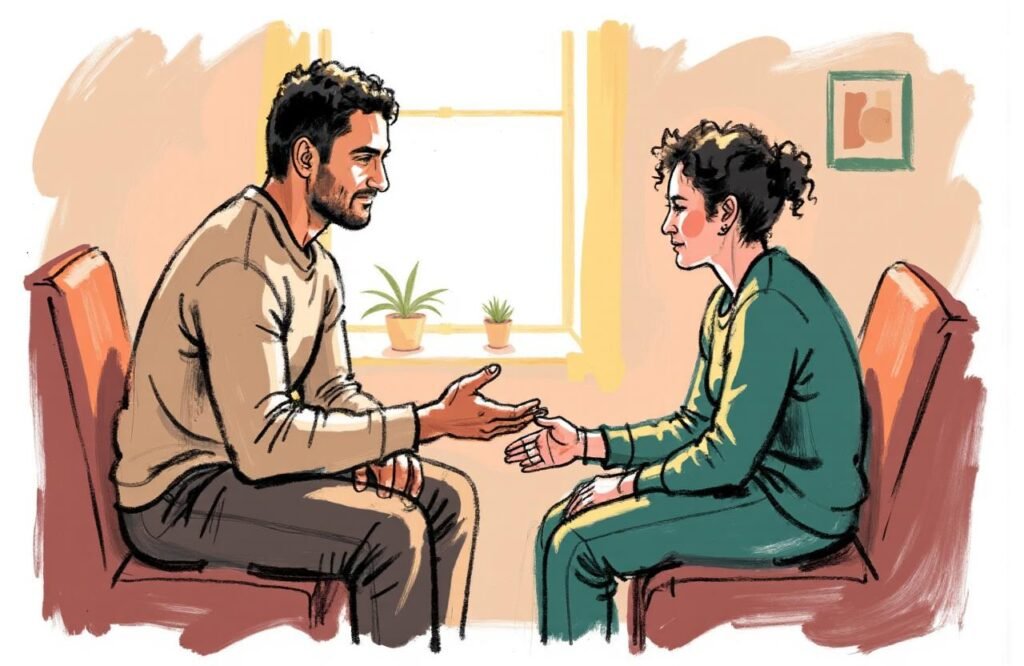 رجل مغربي يقدم الدعم لشخص قلق، مؤكدًا على التعامل مع قلق حجم القضيب بنصائح عملية، بدلاً من الخرافات مثل البيض النيء وتكبير القضيب.