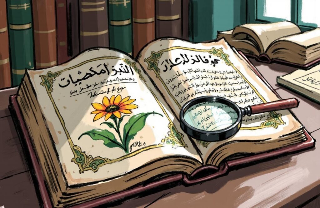 صورة مقربة لكتاب "الجامع لمفردات الأدوية والأغذية" التاريخي، تظهر صفحاته المزينة بالرسوم النباتية الدقيقة والخط العربي، مما يبرز أهميته كمصدر لـ وصفة ابن البيطار لتكبير القضيب.