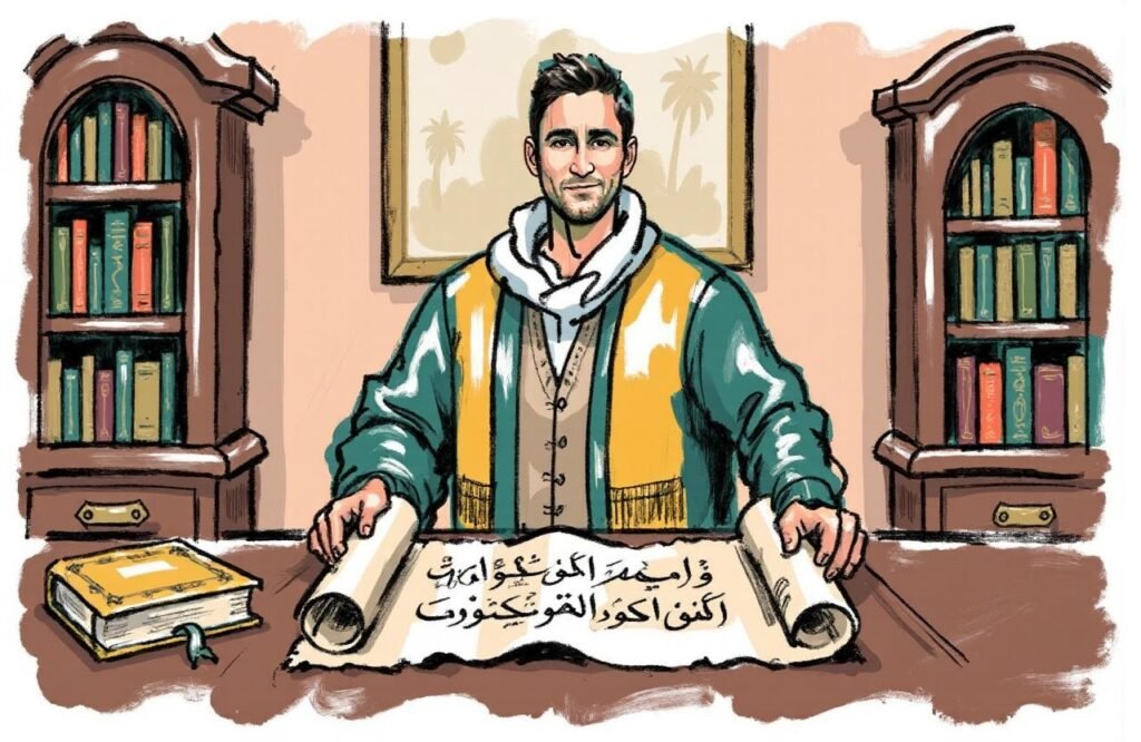 رجل مغربي مثقف يقف في مكتبة، ويشير إلى خريطة معرفية توضح المحاور الرئيسية لمقال وصفة الجوزاء والحلبة لتكبير القضيب، داعياً القارئ لاكتشافها.