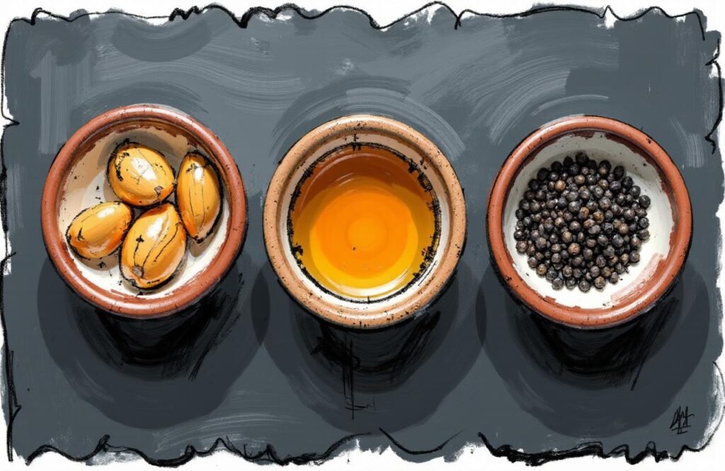 صورة تعرض المكونات الثلاثة الأساسية في وصفة الحلتيت والعسل لتكبير الذكر، وهي الحلتيت النقي، والعسل الطبيعي، ومسحوق الفلفل الأسود، مرتبة بشكل أنيق.
