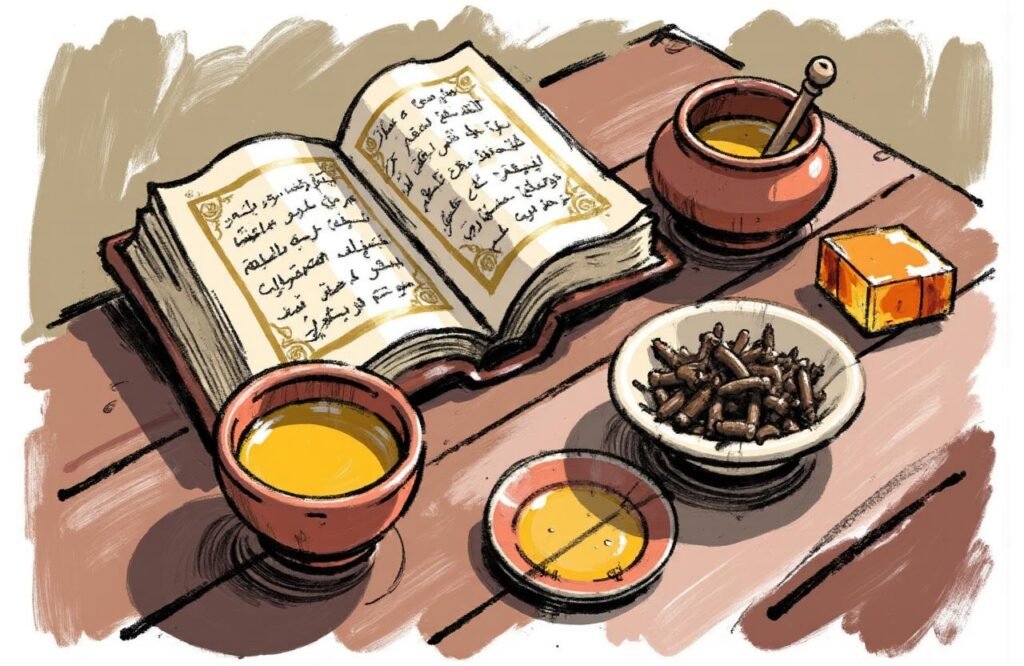 صورة تعرض المكونات الطبيعية لوصفة السيوطي: زيت البان، العنبر الخام، القرنفل، والعسل النقي، وهي أساس تركيبة زيت البان والعنبر لتكبير القضيب.