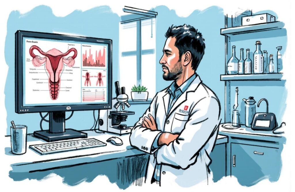 باحث مغربي في مختبر حديث يحلل البيانات العلمية، مقارناً بين الطب الحديث وادعاءات وصفة الحلتيت والعسل لتكبير الذكر.