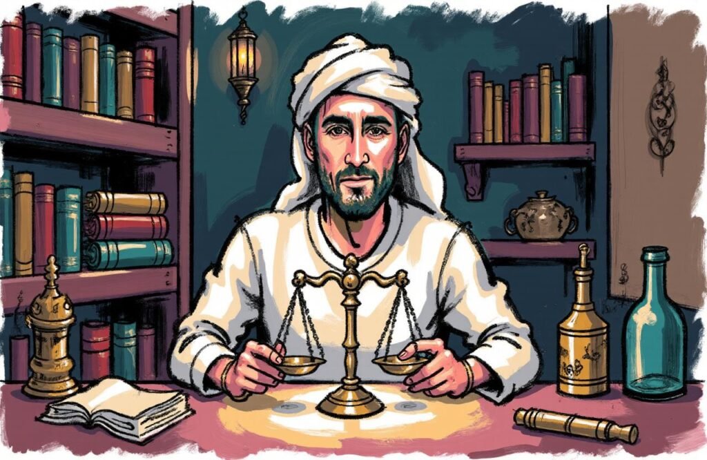 باحث عربي قديم يتأمل ميزانًا نحاسيًا في مكتبته، مما يرمز إلى نظرية الأخلاط التي تفسر استخدام زيت البان والعنبر لتكبير القضيب لتحقيق توازن الجسم.