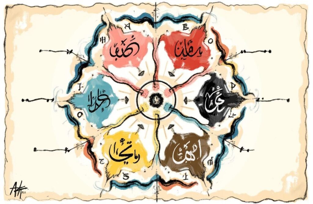 رسم توضيحي يمثل نظرية الأخلاط الأربعة في الطب العربي القديم، والتي شكلت أساس فهم علاجات مثل وصفة المجوسي لتكبير القضيب.
