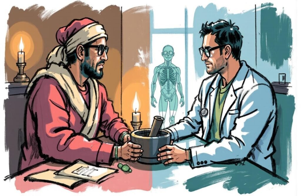 صورة مقارنة توضح الفارق بين نظرة الطب القديم لـ وصفة الجوزاء والحلبة لتكبير القضيب، والفهم العلمي الحديث لجسم الإنسان القائم على الأدلة.