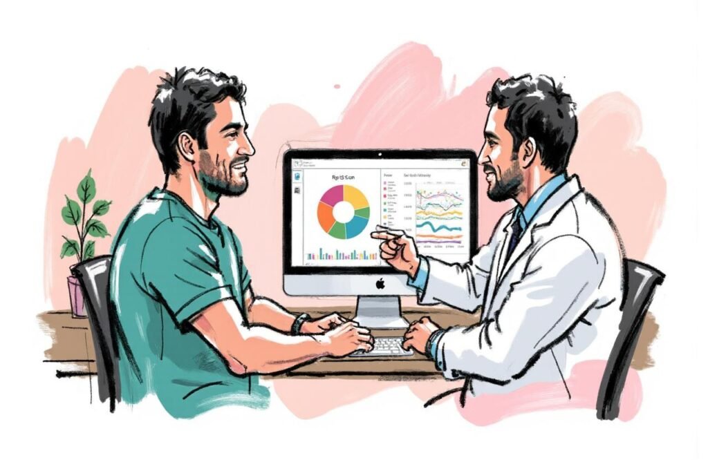 طبيب يشرح لمريض نتائج فحص الانتصاب الليلي باستخدام بيانات دقيقة، مما يعكس التقدم الطبي في تشخيص الصحة الجنسية للرجل.