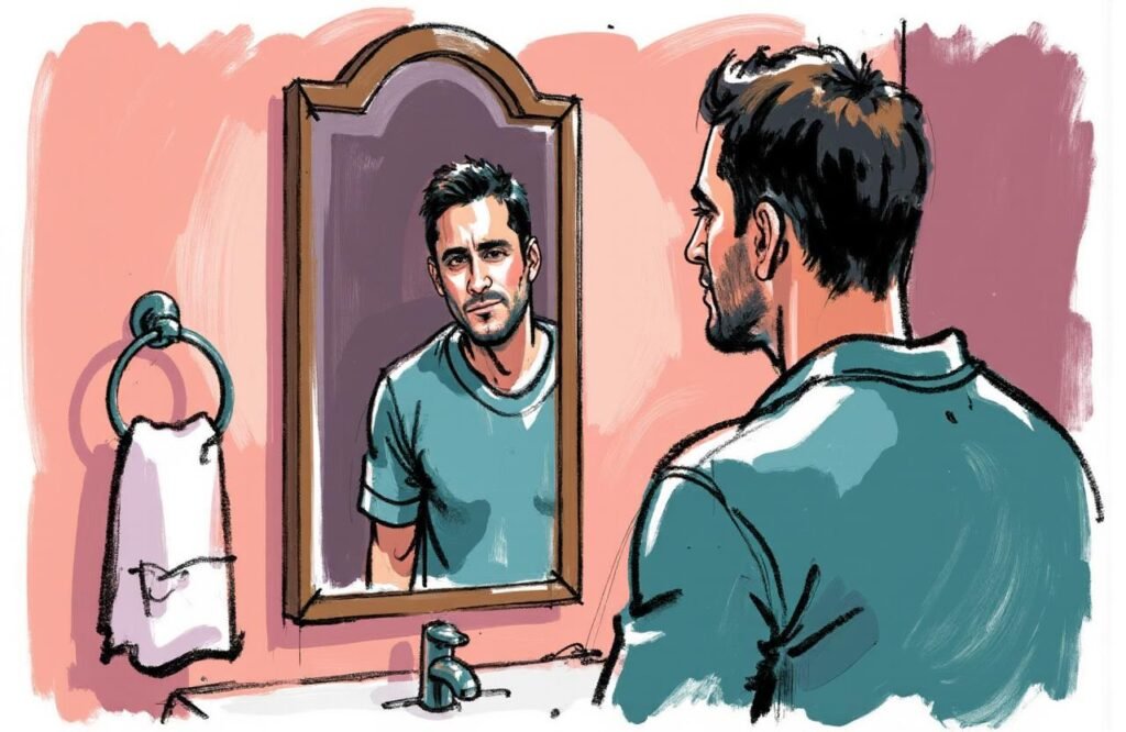 رجل يبدو متعبًا أمام المرآة، صورة توضح كيف أن قلة النوم تؤثر سلبًا على صحة الرجل، مما قد يقلل من جودة أو تكرار الانتصاب الليلي.