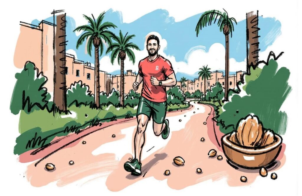 شاب رياضي يتناول المكسرات، يظهر عليه القوة والطاقة بفضل الأطعمة التي تساعد على تحسين الانتصاب.