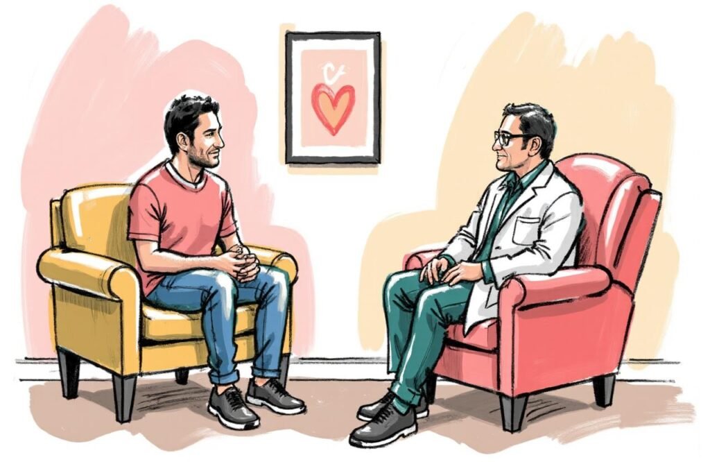 رجل يناقش صحته الجنسية بثقة مع طبيب مختص، مما يؤكد على أهمية طلب المشورة الطبية عند ملاحظة تغيرات مقلقة في نمط الانتصاب الليلي.