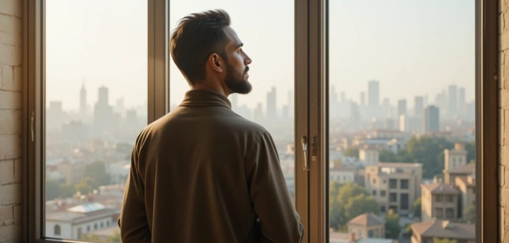 رجل مغربي يقف بهدوء قرب نافذة، ينظر إلى الخارج بتفكير عميق، يرمز إلى أهمية اتخاذ قرار مسؤول ومستنير بعد فهم شامل لمختلف طرق تكبير القضيب ومخاطرها وبدائلها.