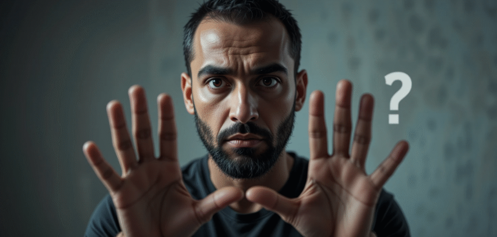 صورة تعبيرية تظهر رجلًا يبدي شكوكًا وحذرًا تجاه التمارين اليدوية كأحد طرق تكبير القضيب، مع التركيز على عدم اليقين والمخاطر المحتملة.