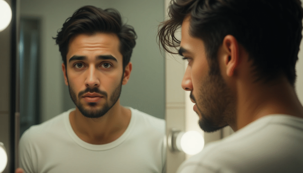 رجل مغربي شاب ينظر بتمعن إلى انعكاسه في المرآة، تبدو على وجهه علامات التساؤل والقلق المرتبطة بالصورة الذاتية والبحث عن معلومات حول طرق تكبير القضيب.