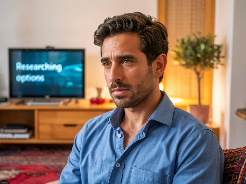 رجل مغربي وسيم وأنيق يجلس في غرفة عصرية، يبحث بتمعن في حاسوبه المحمول عن معلومات دقيقة وموثوقة حول مختلف طرق تكبير القضيب وسلامتها.