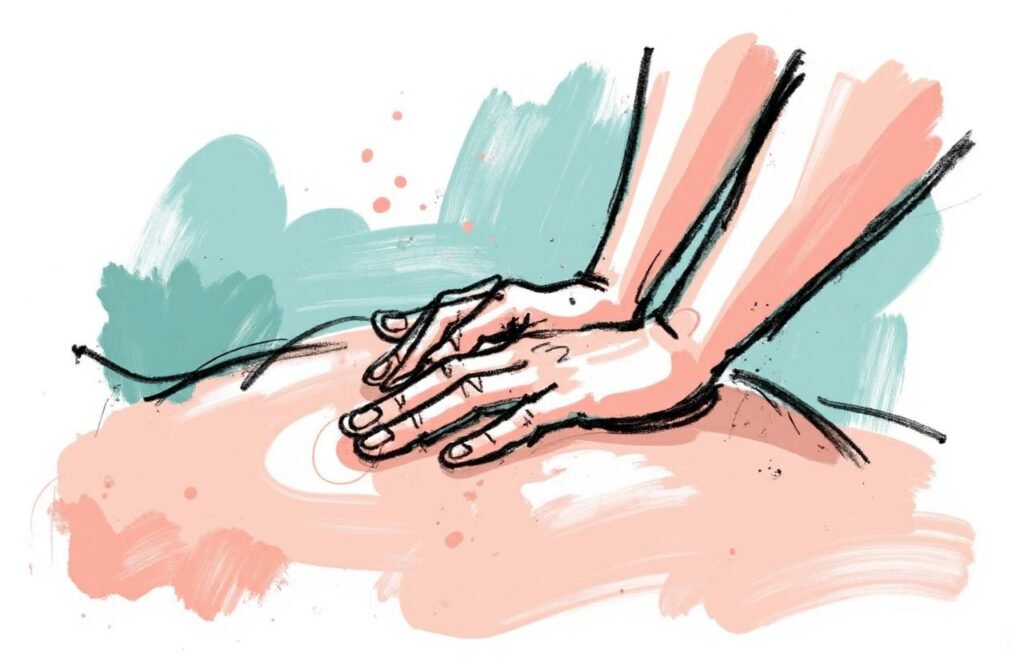 رسم توضيحي لطيف يرمز إلى عملية التدليك العلاجي ودورها في امتصاص مكونات وصفة زبد البحر لتكبير القضيب حسب الفكر الطبي القديم.