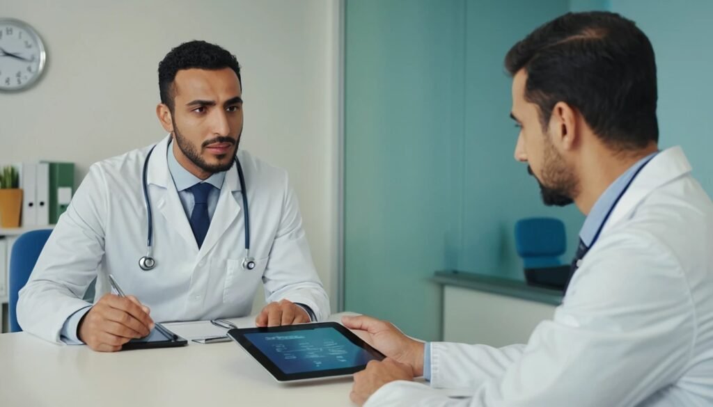 شاب مغربي يستمع بثقة لطبيب متخصص يشرح بموضوعية مخاطر جراحات تكبير القضيب في بيئة استشارة مهنية.