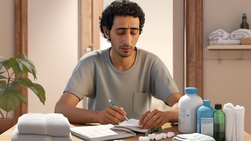 رجل مغربي يستعد بمسؤولية لفترة التعافي عبر تنظيم أدويته وتعليماته، للمساعدة في تقليل مخاطر جراحات تكبير القضيب.