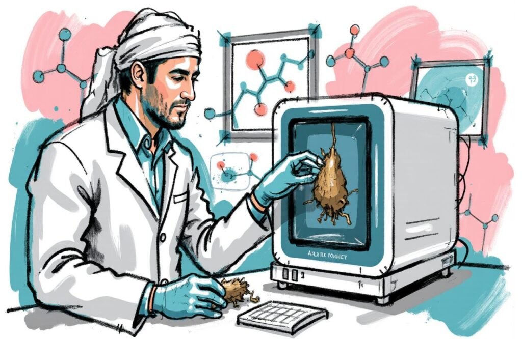 صورة لمختبر حديث حيث يقوم باحث (شاب مغربي) بفحص عينة من جذر عشبي، تمثل الاهتمام البحثي بالفوائد الطبية المحتملة لعشبة رأس الحنش بعيدًا عن وصفة تكبير القضيب.
