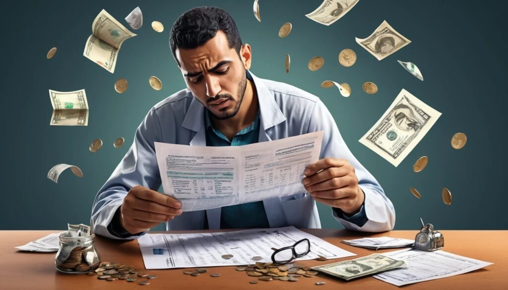شاب مغربي قلق يفحص وثيقة بتدقيق وسط رموز مالية متناقصة، مشيرًا للتكاليف والمصداقية كجزء من مخاطر جراحات تكبير القضيب.
