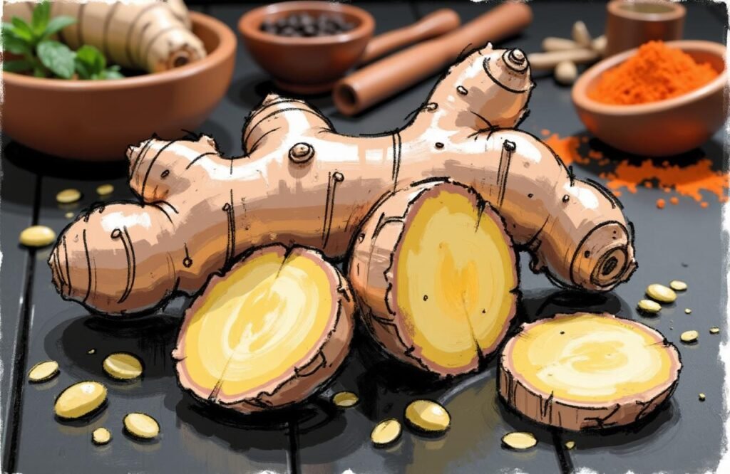 الزنجبيل وخصائصه المحفزة في وصفة الزيت والعلق لتكبير القضيب صورة مقربة لجذر الزنجبيل الطازج مع شرائح منه، تبرز دوره كمكون "حار" ومنشط في وصفة الزيت والعلق لتكبير القضيب حسب المعتقدات القديمة.