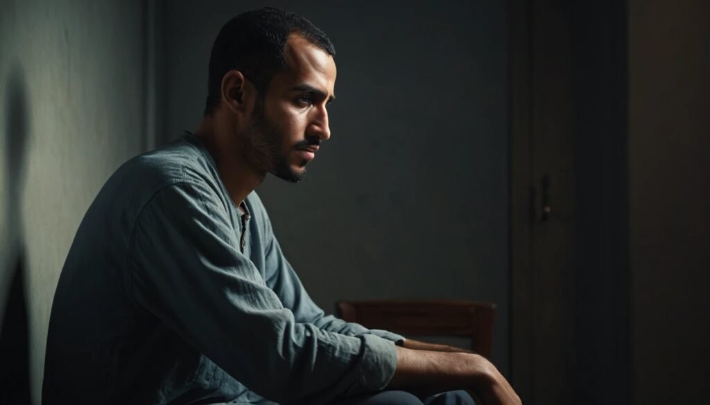 رجل مغربي يجلس وحيدًا ومهمومًا، مما يعكس العبء النفسي والعاطفي الذي يعد من مخاطر جراحات تكبير القضيب.