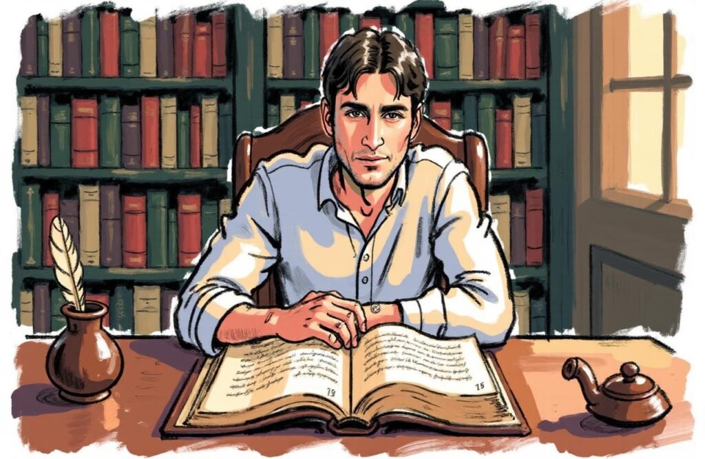 شاب مغربي وسيم يجلس في مكتبة قديمة، يقرأ باهتمام في مخطوطة عربية، يمثل البحث في وصفة عشبة رأس الحنش لتكبير القضيب التي ذكرها السيوطي.