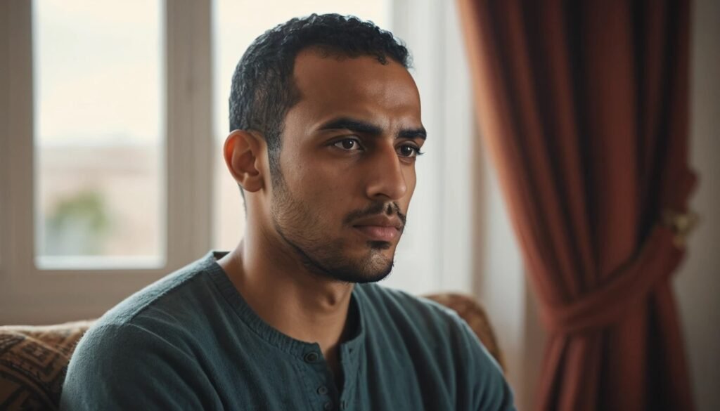 تعابير وجه رجل مغربي تظهر القلق والتفكير العميق في التساؤلات الشخصية والحساسة المرتبطة بمخاطر جراحات تكبير القضيب.