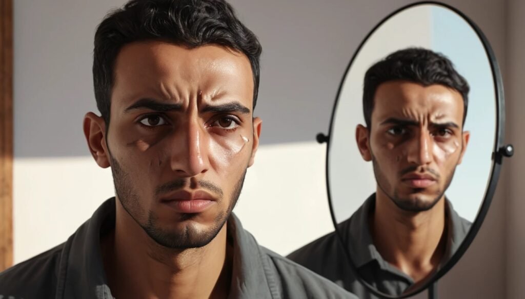 رجل مغربي يظهر الإحباط أمام مرآة متصدعة، يرمز لعدم تطابق النتائج مع التوقعات كأحد مخاطر جراحات تكبير القضيب.